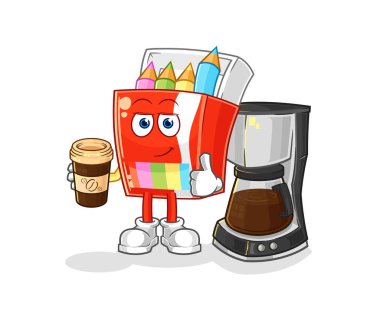 Kahve illüstrasyonu içen renkli kalemler. karakter vektosu