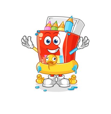 Ördek şamandıralı renkli kalemler. karikatür maskotu vektosu