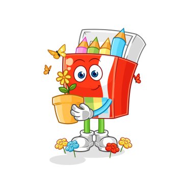 Çiçek saksısı olan renkli kalemler. karakter vektosu