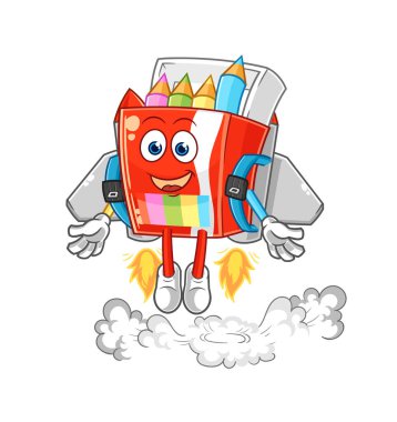 Sırt roketi maskotlu renkli kalemler. çizgi film vektosu