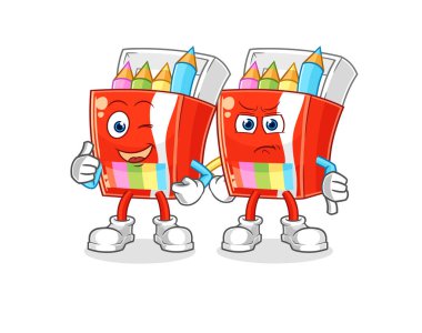 Renkli kalemler yukarı, baş parmaklar aşağı. karikatür maskotu vektosu