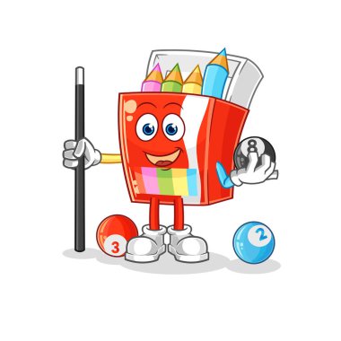 Renkli kalemler bilardo oynar. karikatür maskotu vektosu