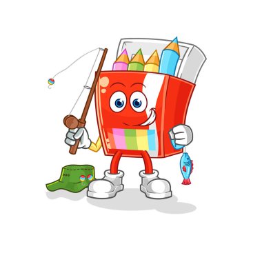 Renkli kalemler balıkçı illüstrasyonu. karakter vektosu