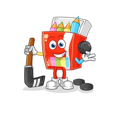 Hokey oynayan renkli kalemler. karikatür