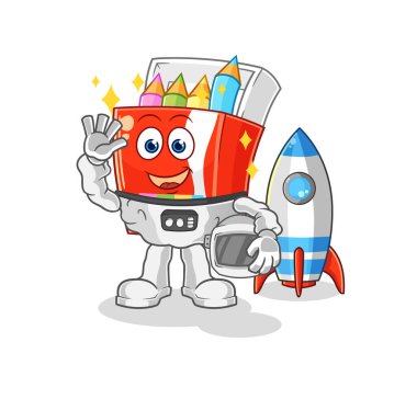 Renkli kalemler astronot el sallıyor. karikatür maskotu vektosu