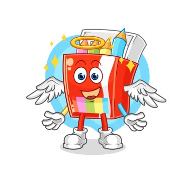 Kanat vektörlü renkli kalemler meleği. karikatür