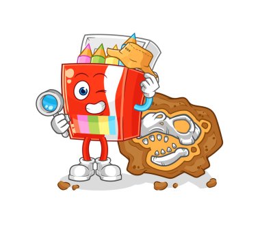 Fosil maskotlu renkli kalem arkeologları. çizgi film vektosu