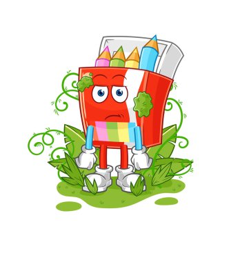 Uzun maskot bekleyen renkli kalemler. çizgi film vektosu