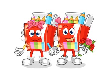 Renkli kalemler düğün karikatürü. karikatür maskotu vektosu