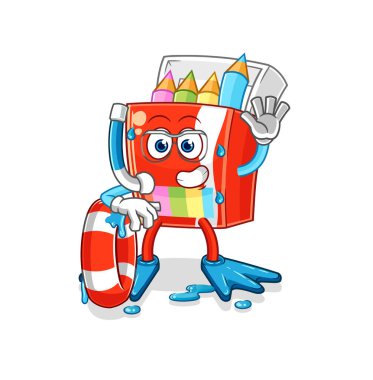 Şamandıra maskotlu renkli kalem yüzücüsü. çizgi film vektosu