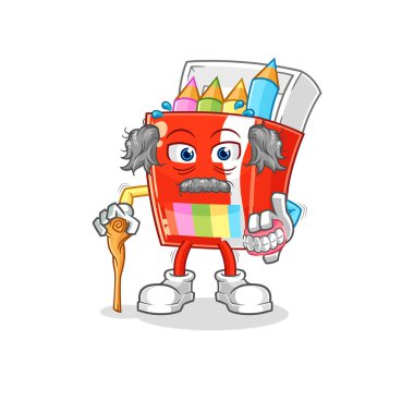 Renkli kalemler, beyaz saçlı yaşlı adam. karakter vektosu