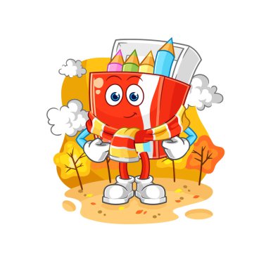 Sonbaharda renkli kalemler için. karikatür maskotu vektosu