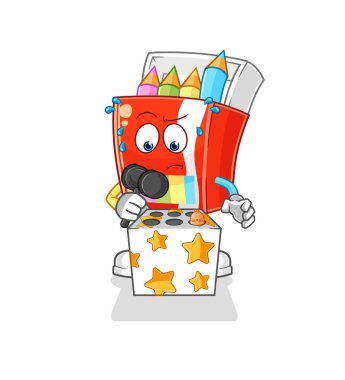 Renkli kalemler, köstebek maskotuyla oynuyorlar. çizgi film vektosu