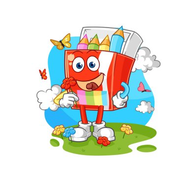 Renkli kalemler baharda çiçek toplar. karakter vektosu