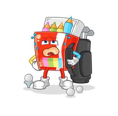 Golf ekipmanlı renkli kalemler. karikatür maskotu vektosu