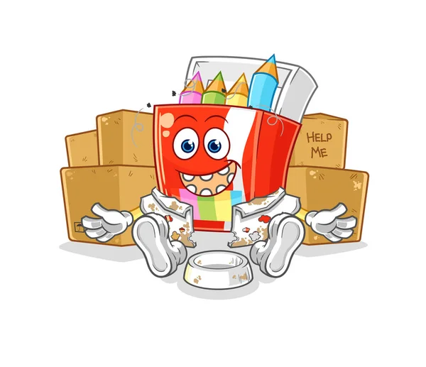 Renkli kalemler evsiz karakter. karikatür maskotu vektosu
