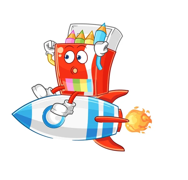 Gekleurde Potloden Rijden Een Raket Cartoon Mascotte Vecto — Stockvector
