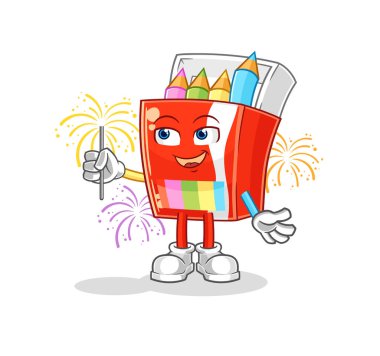 Havai fişek maskotlu renkli kalemler. çizgi film vektosu