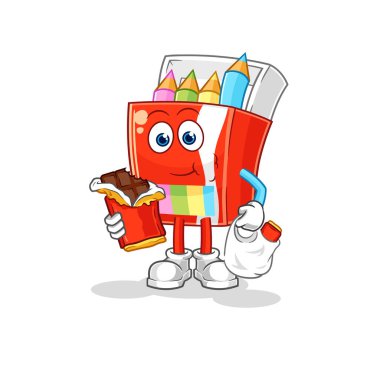 Renkli kalemler çikolata maskotu yer. çizgi film vektosu