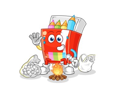 Renkli kalemler marşmelov kızartıyorlar. karikatür maskotu vektosu