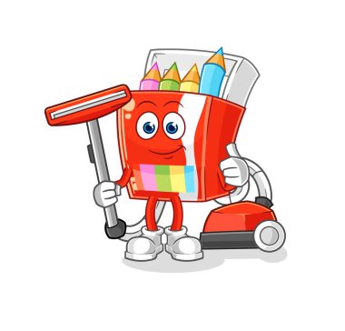 Süpürgeyle temizlenmiş renkli kalemler. karakter vektosu