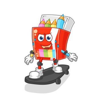 Kaykay süren renkli kalemler çizgi film karakteri vektosu