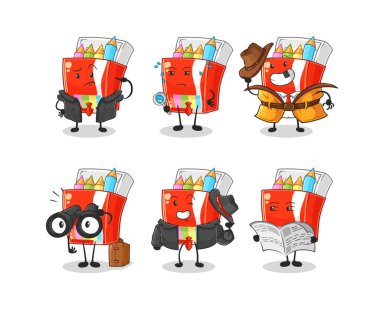 Renkli kalemler dedektif grubu karakteri. karikatür maskotu vektosu