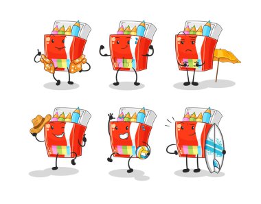 Renkli kalemler plaj tatili seti karakteri. karikatür maskotu vektosu