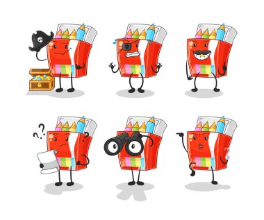 Renkli kalemler korsan grup karakteri. karikatür maskotu vektosu