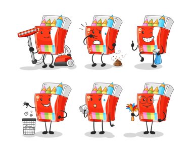 Renkli kalem temizleme grubu karakteri. karikatür maskotu vektosu