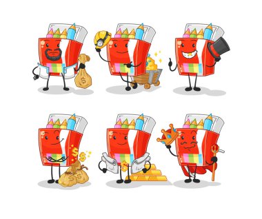 Renkli kalemler zengin grup karakteri. karikatür maskotu vektosu