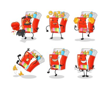 Renkli kalemler komedi seti karakteri. karikatür maskotu vektosu