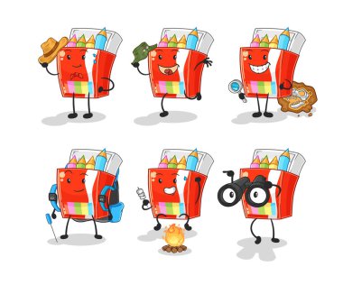 Renkli kalemler macera grubu karakteri. karikatür maskotu vektosu