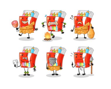 Renkli kalemler ilkel insan grubu karakteri. maskot vektosu