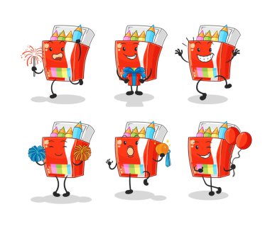 Renkli kalemlerin kutlaması karakter belirler. karikatür maskotu vektosu