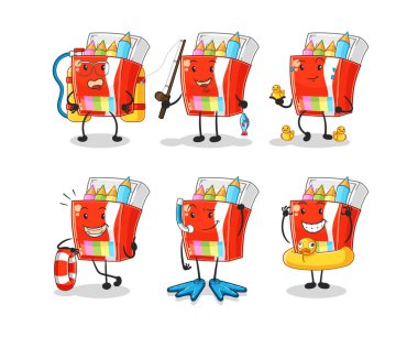 Renkli kalemler su aktivite grubu. karikatür maskotu vektosu