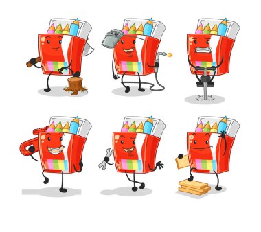 Renkli kalem işçisi karakter belirledi. karikatür maskotu vektosu