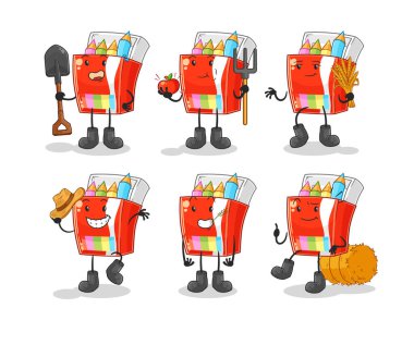 Renkli kalemler çiftçi grup karakteri. karikatür maskotu vektosu