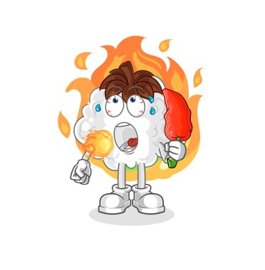 Pamuk sıcak kırmızı biber maskotu yer. çizgi film vektosu