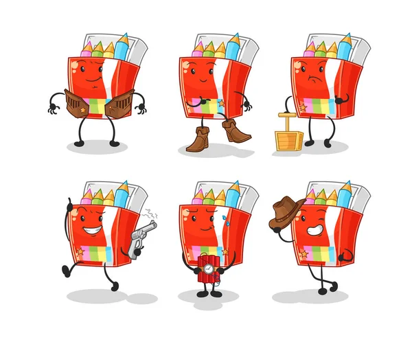 Renkli kalemler kovboy grubu karakteri. karikatür maskotu vektosu