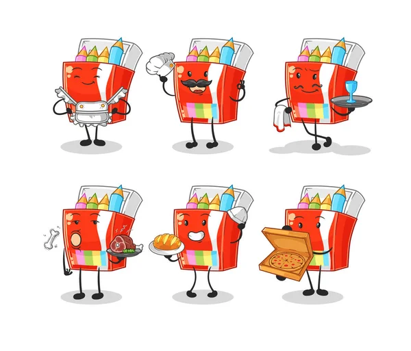 Renkli kalemler restoran grubu karakteri. karikatür maskotu vektosu