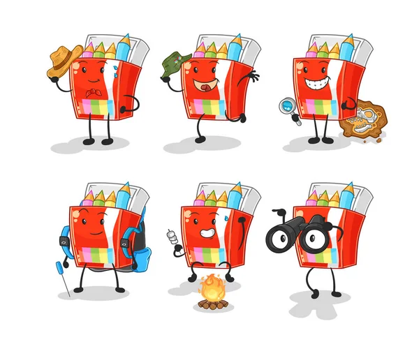 Renkli kalemler macera grubu karakteri. karikatür maskotu vektosu