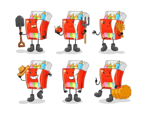 Renkli kalemler çiftçi grup karakteri. karikatür maskotu vektosu