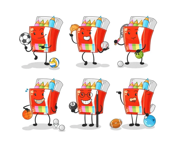 Colored Pencils Sport Set Character Cartoon Mascot Vecto — Stock Vector