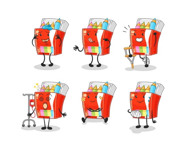 Renkli kalemler hasta grup karakteri. karikatür maskotu vektosu