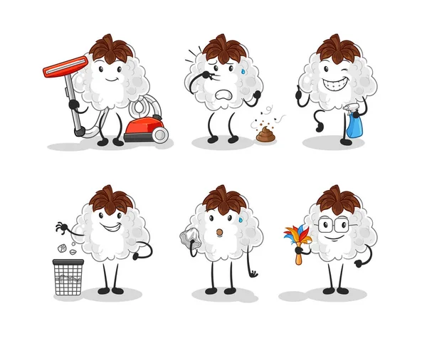 綿のクリーニンググループのキャラクター 漫画マスコット ベクトル — ストックベクタ