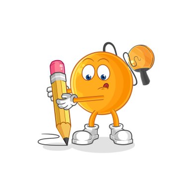 Kürek topu kalemle yazıyor. karikatür maskotu vektosu