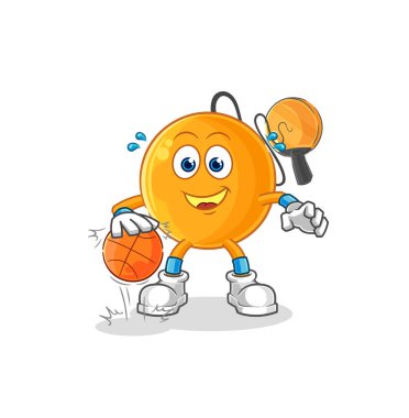 Raket topu top süren basketbol karakteri. karikatür maskotu vektosu