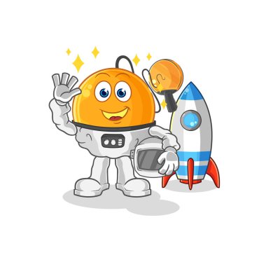 Raket topu astronot el sallayan karakter. karikatür maskotu vektosu