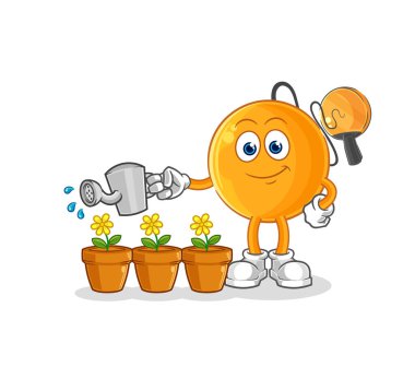 Kürek topu çiçek maskotunu suluyor. çizgi film vektosu